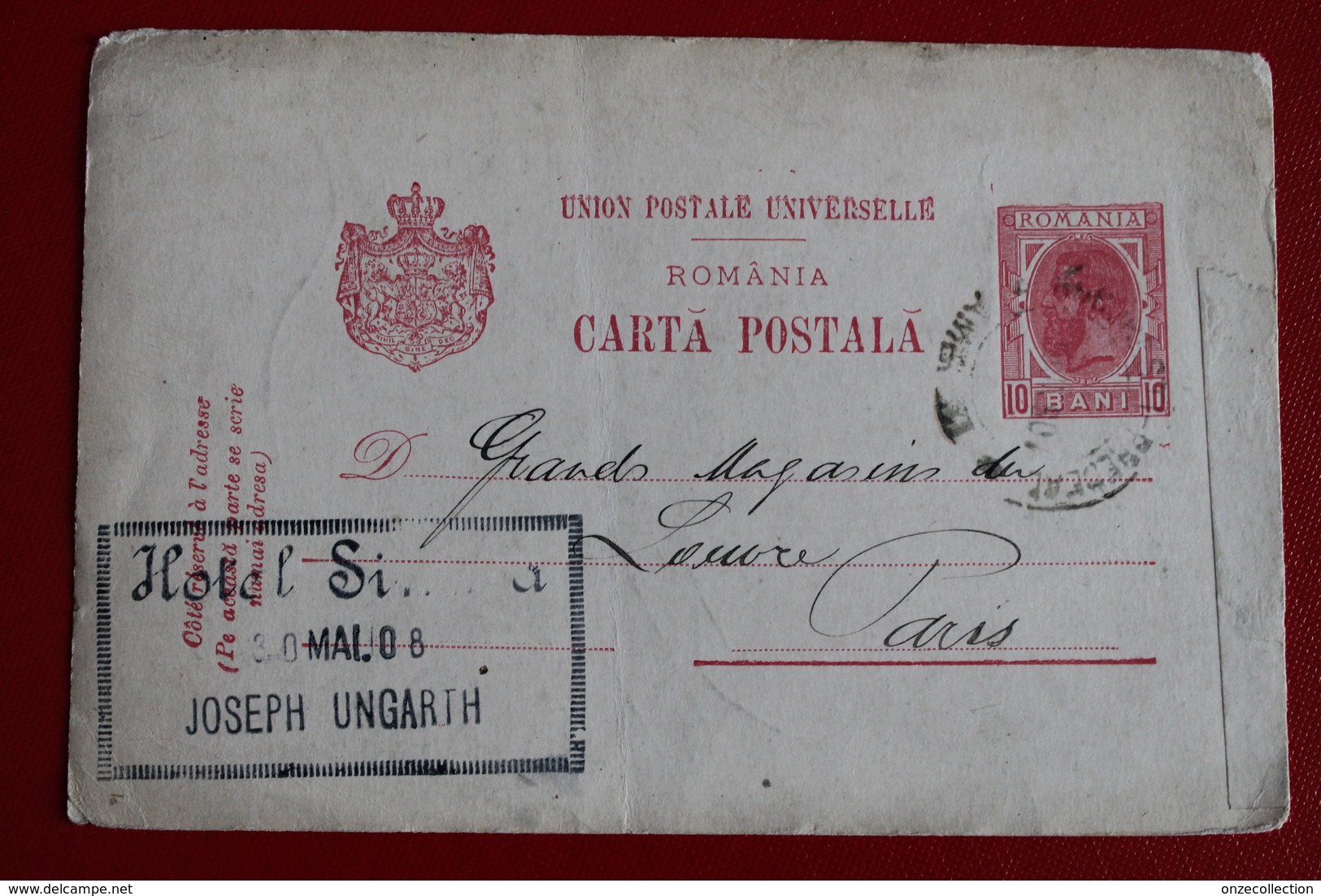 1908      ENTIER  CARTE   POSTALE  DE  10  BANI   ROUGE        POUR  LA  FRANCE - Lettres & Documents