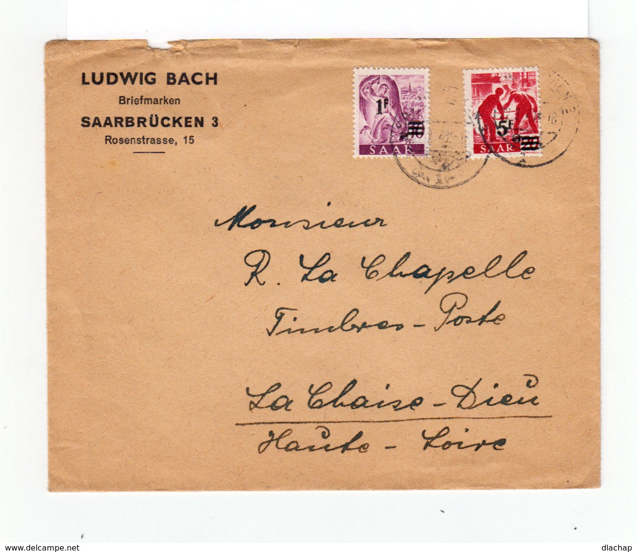 Sur Enveloppe Deux Timbres Saar Surchargés 1F. Et 5F. CAR Saarbrüchen 1948. Destination: France. (1119x) - Lettres & Documents
