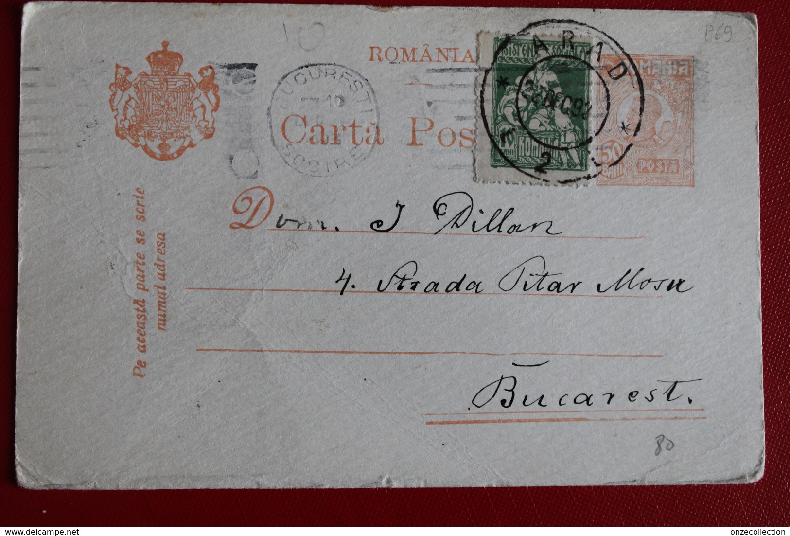 1923     ENTIER  CARTE   POSTALE  DE  50  BANI   ORANGE       AVEC  COMPLEMENT  D  '  ARAD      POUR  BUCAREST - Lettres & Documents