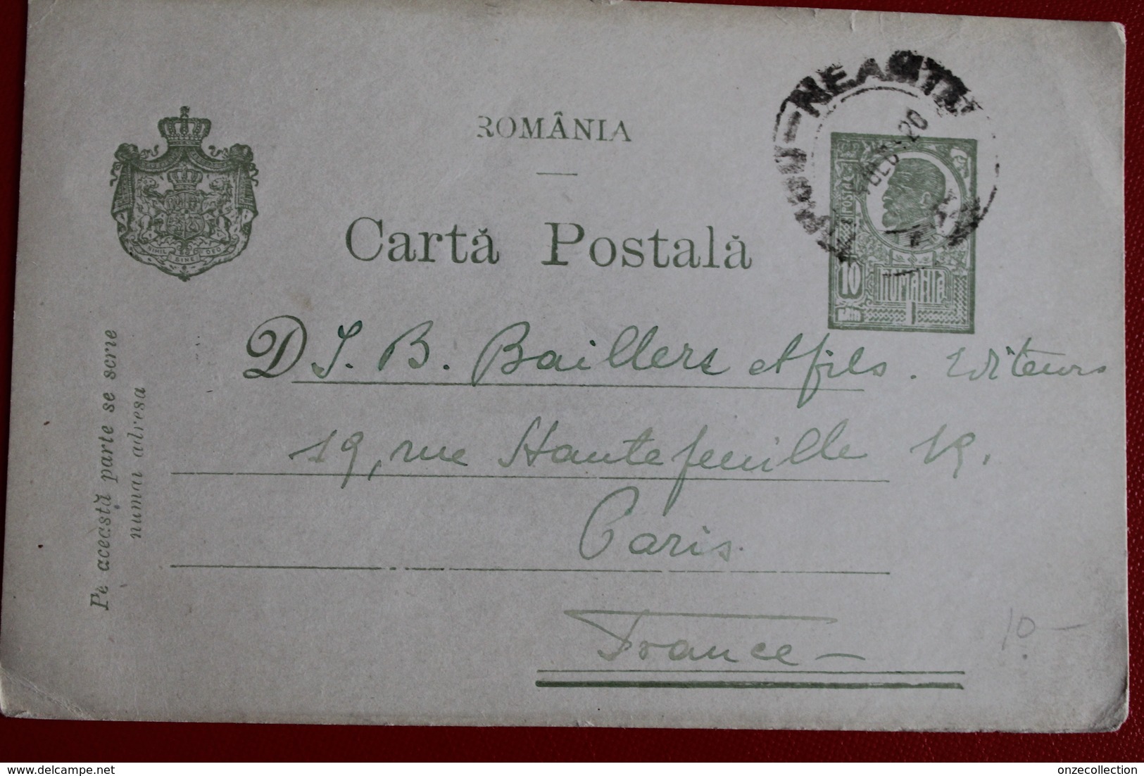 1920     ENTIER  CARTE   POSTALE  DE  10  BANI   OLIVE       AVEC  COMPLEMENT  DE  AGAPIA  NEAMT     POUR  BUCAREST - Lettres & Documents