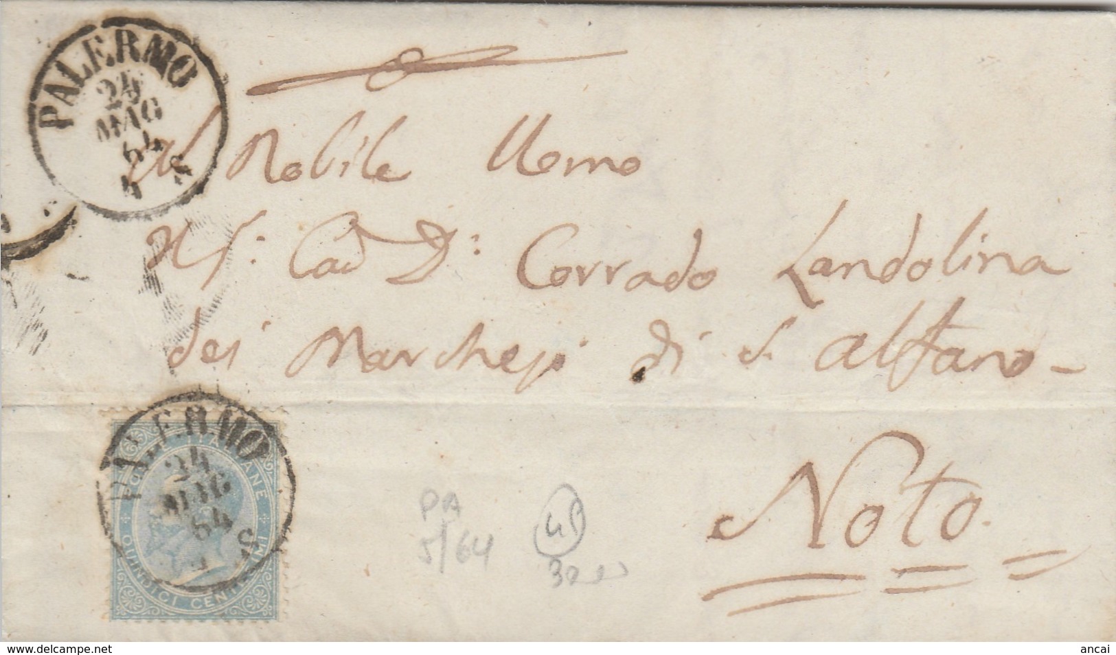 Palermo. 1864.  Annullo Piccolo Cerchio, Su Lettera Affrancata Con C.15, Completa Di Testo - Storia Postale