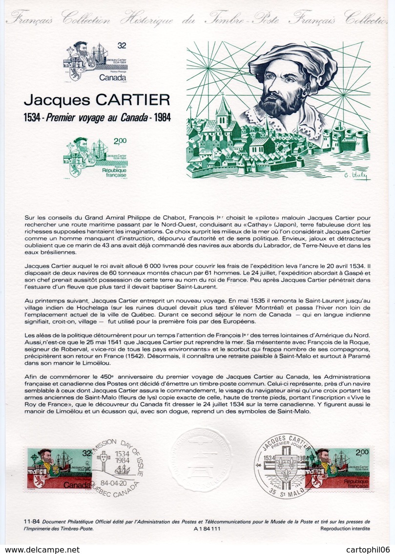 - Explorateur Jacques CARTIER - Document Philatélique Officiel SAINT-MALO / QUEBEC 20.4.1984 - - Explorateurs