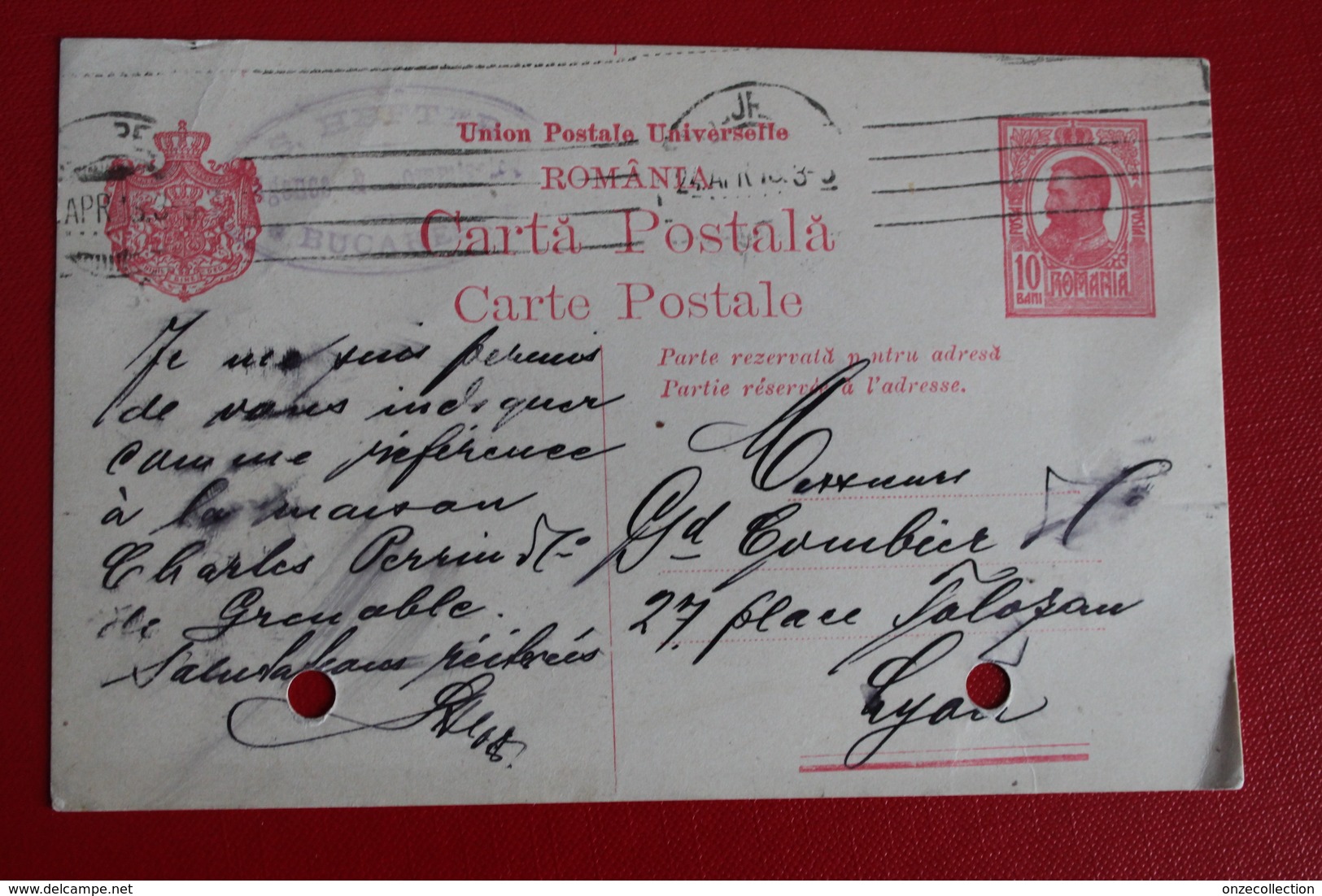 1913     ENTIER  CARTE   POSTALE  DE  10  BANI   ROUGE      DE BUCAREST   POUR  LA  FRANCE - Lettres & Documents