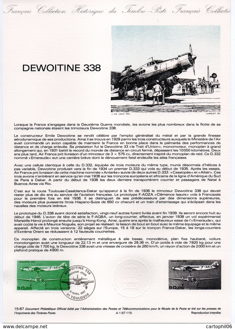 - Avion DEWOITINE 338 - Document Philatélique Officiel TOULOUSE 11.4.1987 - - Avions