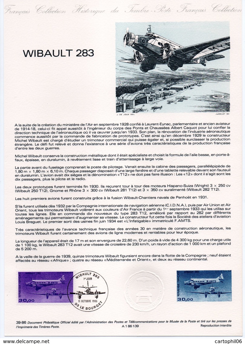 - Avion WIBAULT 283 - Document Philatélique Officiel LE BOURGET 11.10.1986 - - Avions