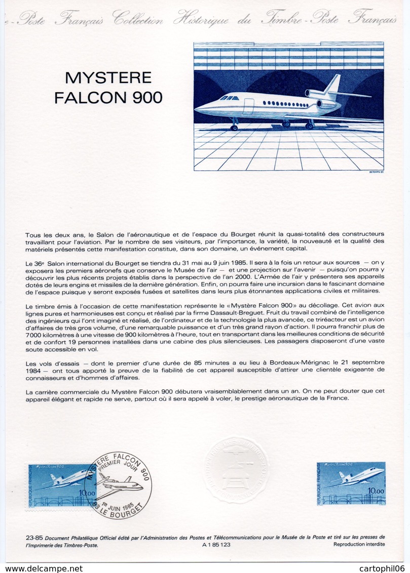 - Avion MYSTERE FALCON 900 - Document Philatélique Officiel LE BOURGET 1.6.1985 - - Avions