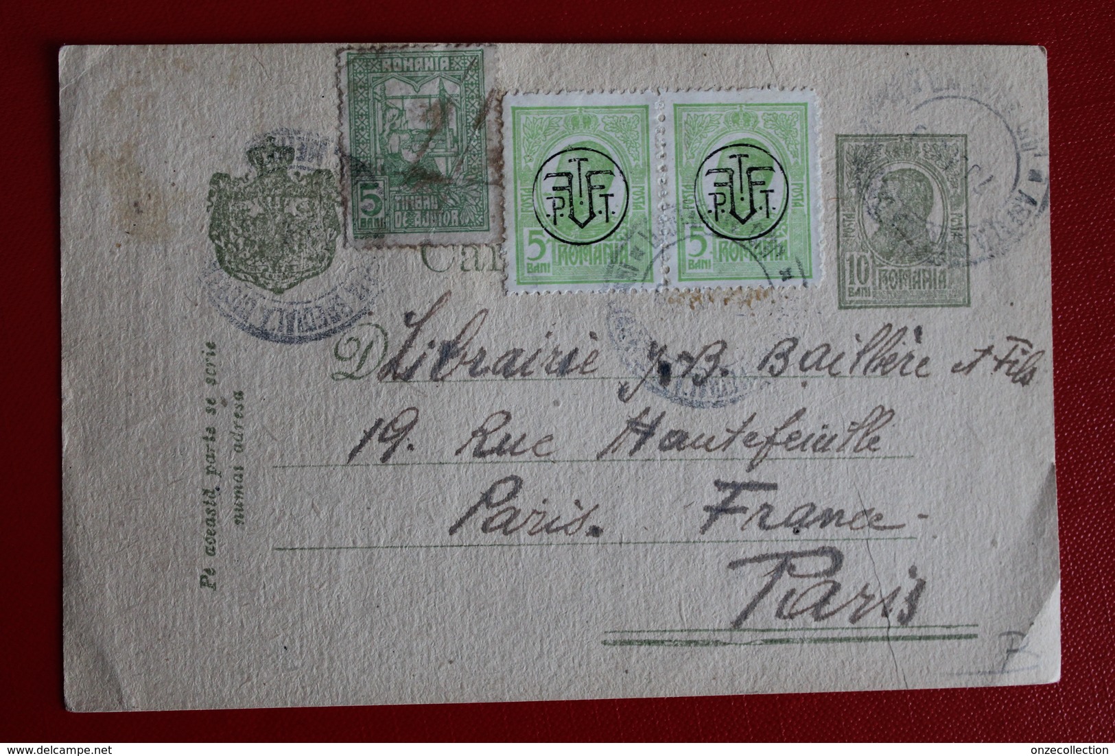 1919     ENTIER  CARTE   POSTALE  DE  10  BANI   OLIVE  COMPLEMENT  DE  3  TIMBRES       POUR  LA  FRANCE - Lettres & Documents