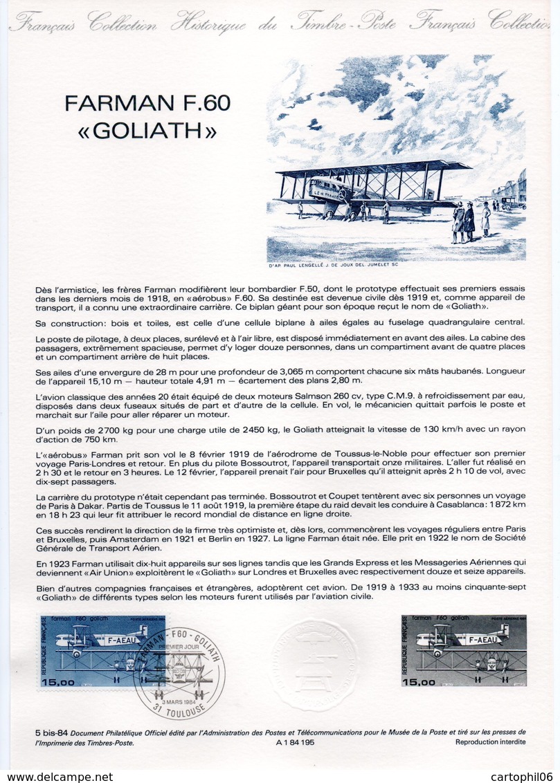 - Avion FARMAN F.60 GOLIATH - Document Philatélique Officiel TOULOUSE 3.3.1984 - - Vliegtuigen