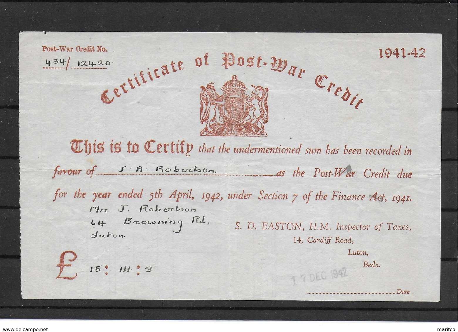 Great Britain Revenue Stamps Revenues Stempelmarken Fiscal Certificate Of Post War Credit 1941 - 1942 - Fiscaux