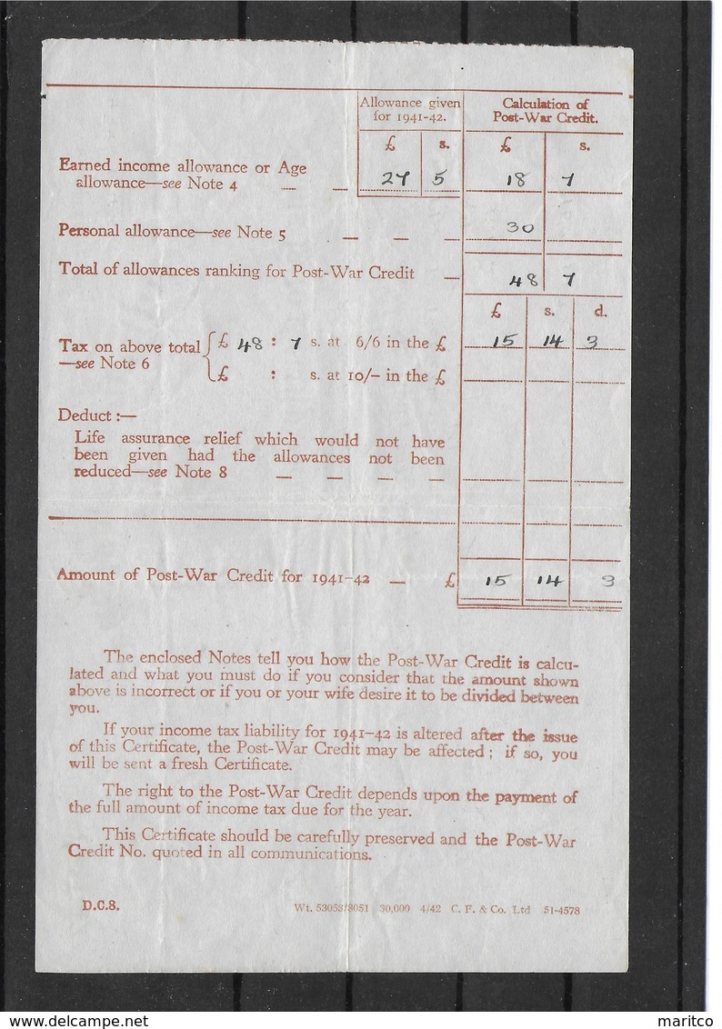 Great Britain Revenue Stamps Revenues Stempelmarken Fiscal Certificate Of Post War Credit 1941 - 1942 - Fiscaux