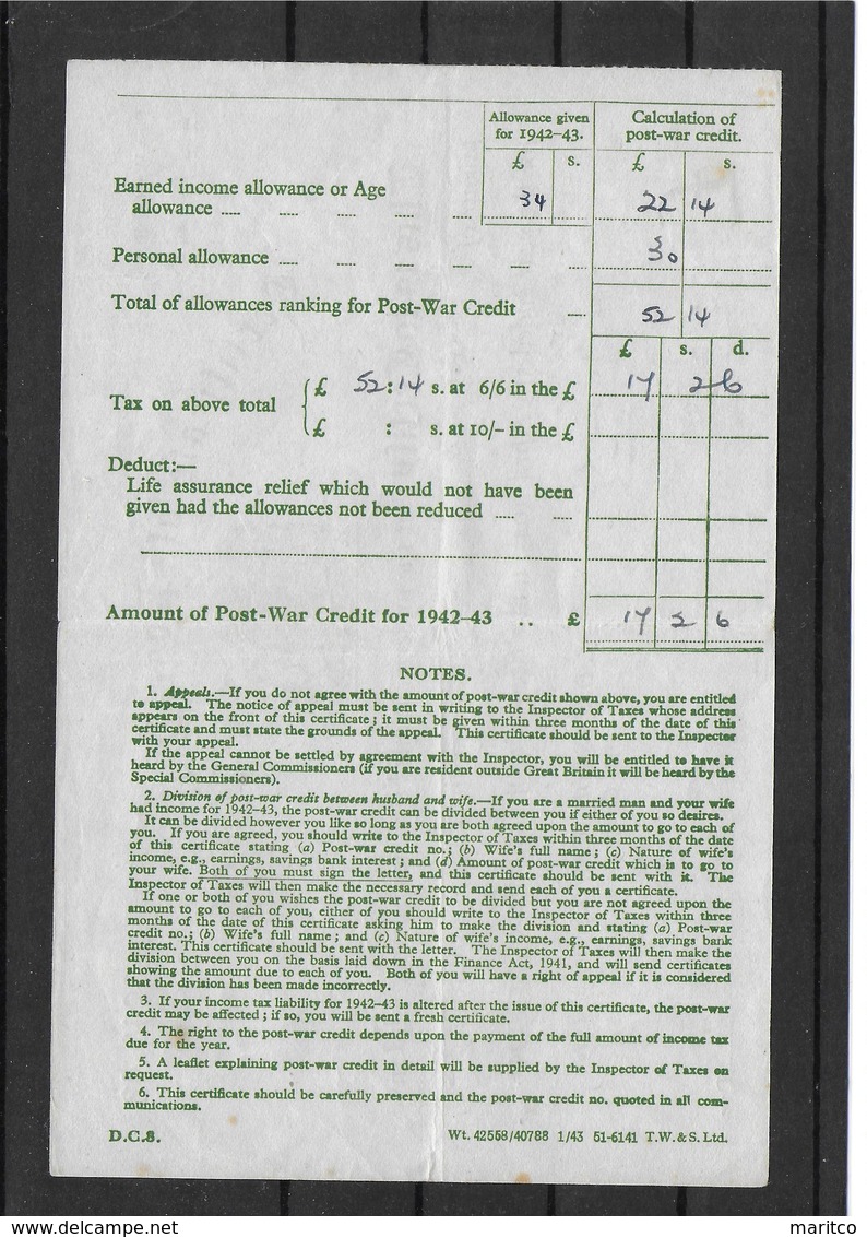 Great Britain Revenue Stamps Revenues Stempelmarken Fiscal Certificate Of Post War Credit 1942 - 1943 - Fiscaux