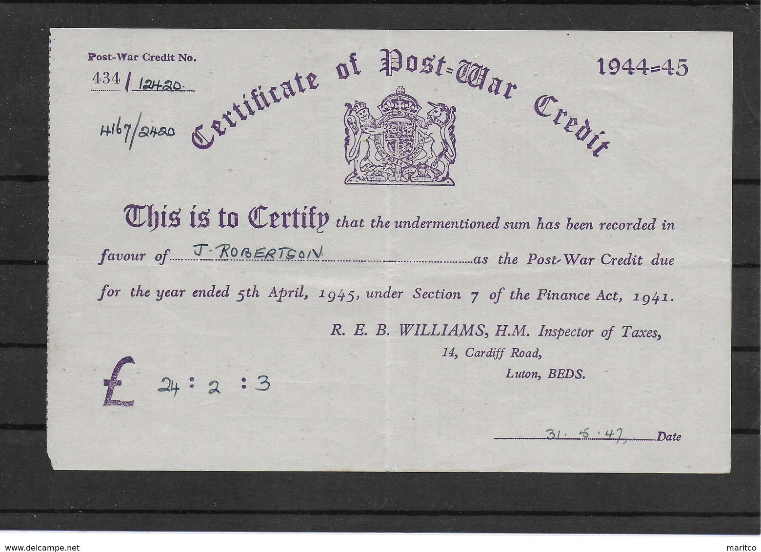 Great Britain Revenue Stamps Revenues Stempelmarken Fiscal Certificate Of Post War Credit 1944 - 1945 - Revenue Stamps