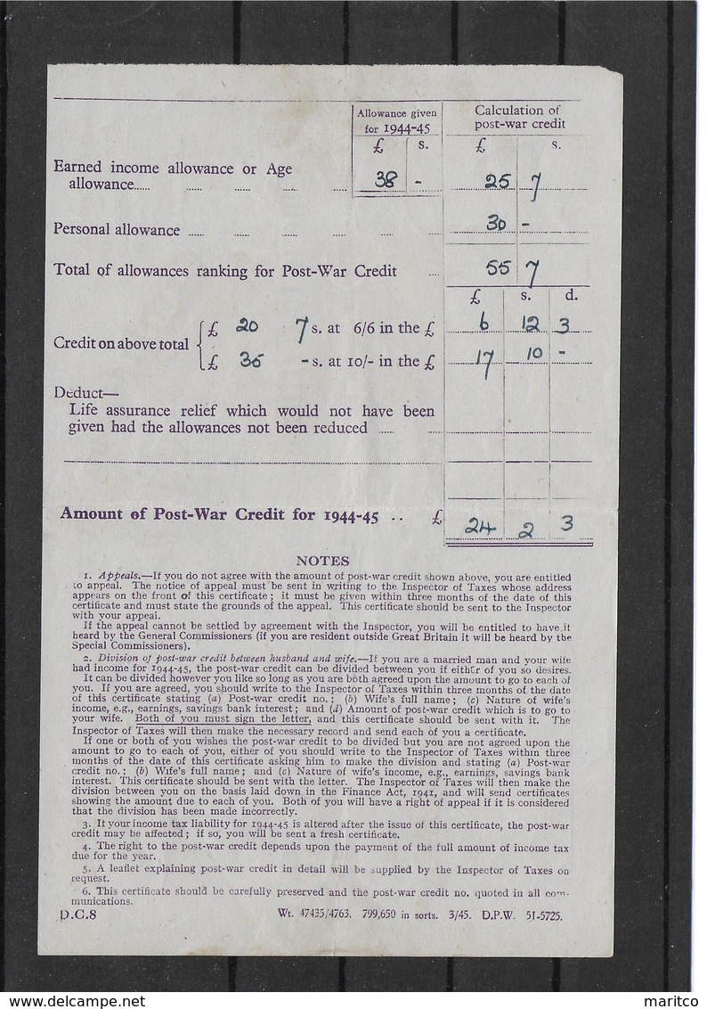 Great Britain Revenue Stamps Revenues Stempelmarken Fiscal Certificate Of Post War Credit 1944 - 1945 - Revenue Stamps