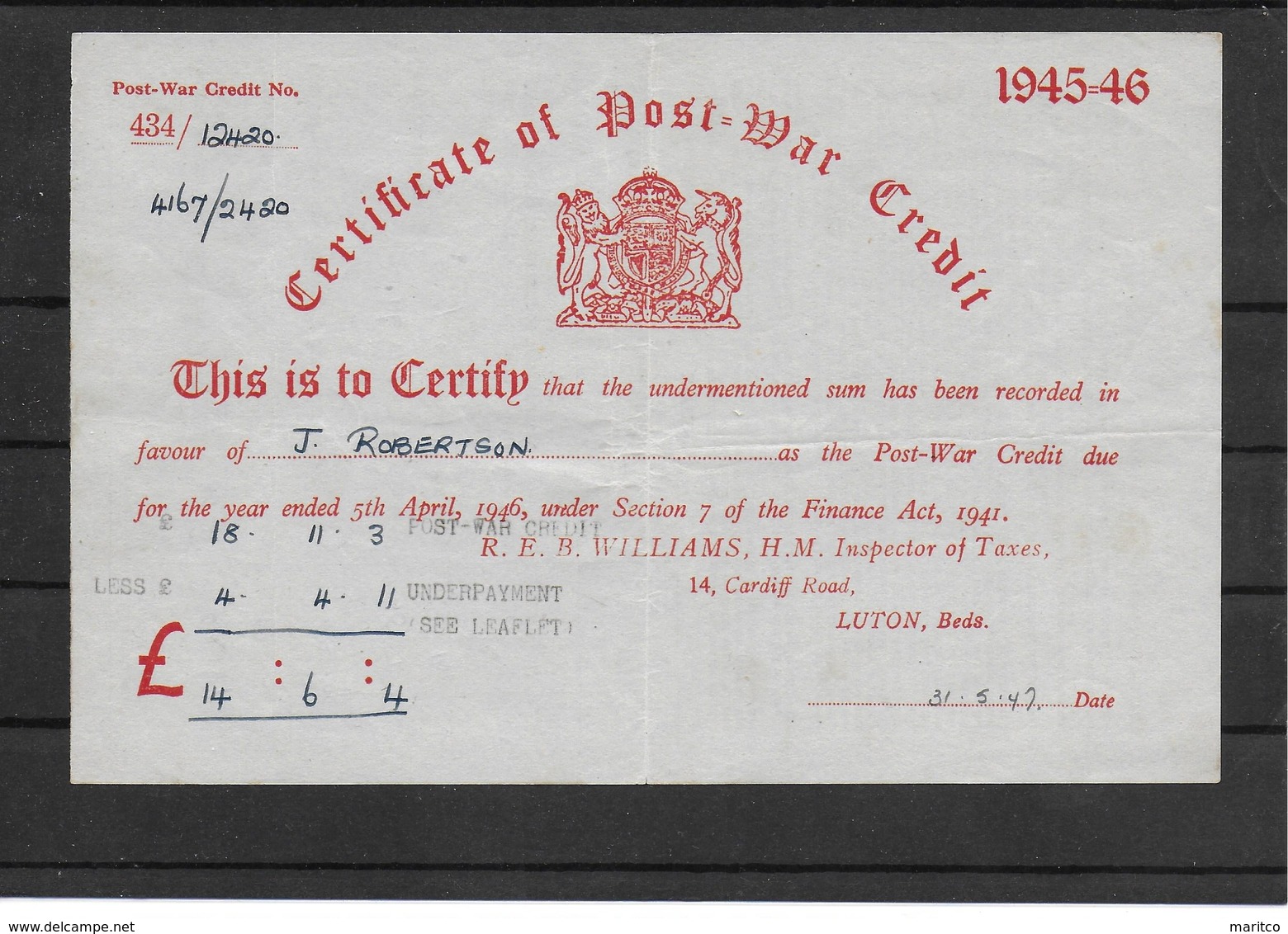 Great Britain Revenue Stamps Revenues Stempelmarken Fiscal Certificate Of Post War Credit 1945 - 1946 - Revenue Stamps