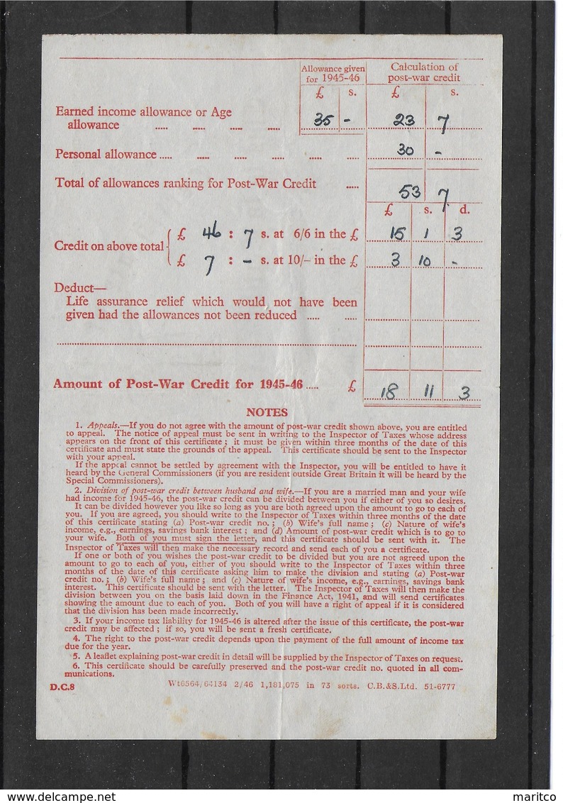 Great Britain Revenue Stamps Revenues Stempelmarken Fiscal Certificate Of Post War Credit 1945 - 1946 - Steuermarken