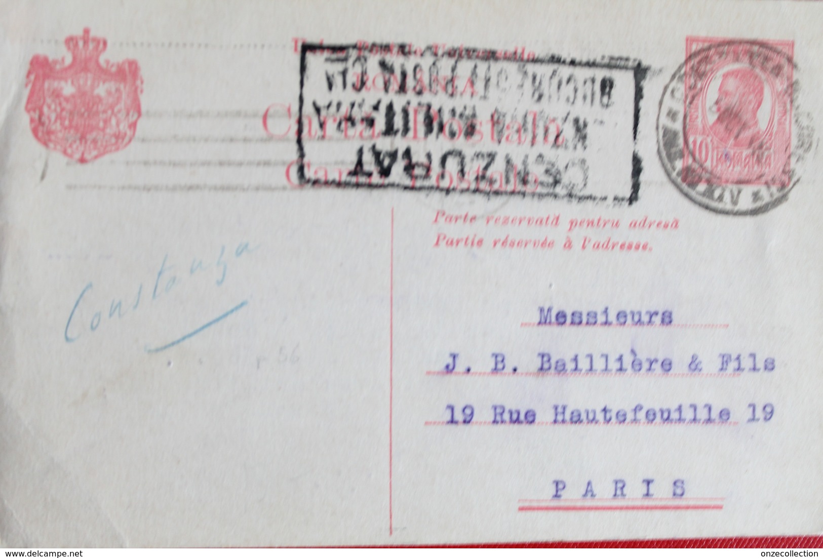 1916     ENTIER  CARTE   POSTALE  DE  10  BANI   ROUGE     CACHETS  DE  CENSURE  MILITAIRE     POUR  LA  FRANCE - Lettres & Documents