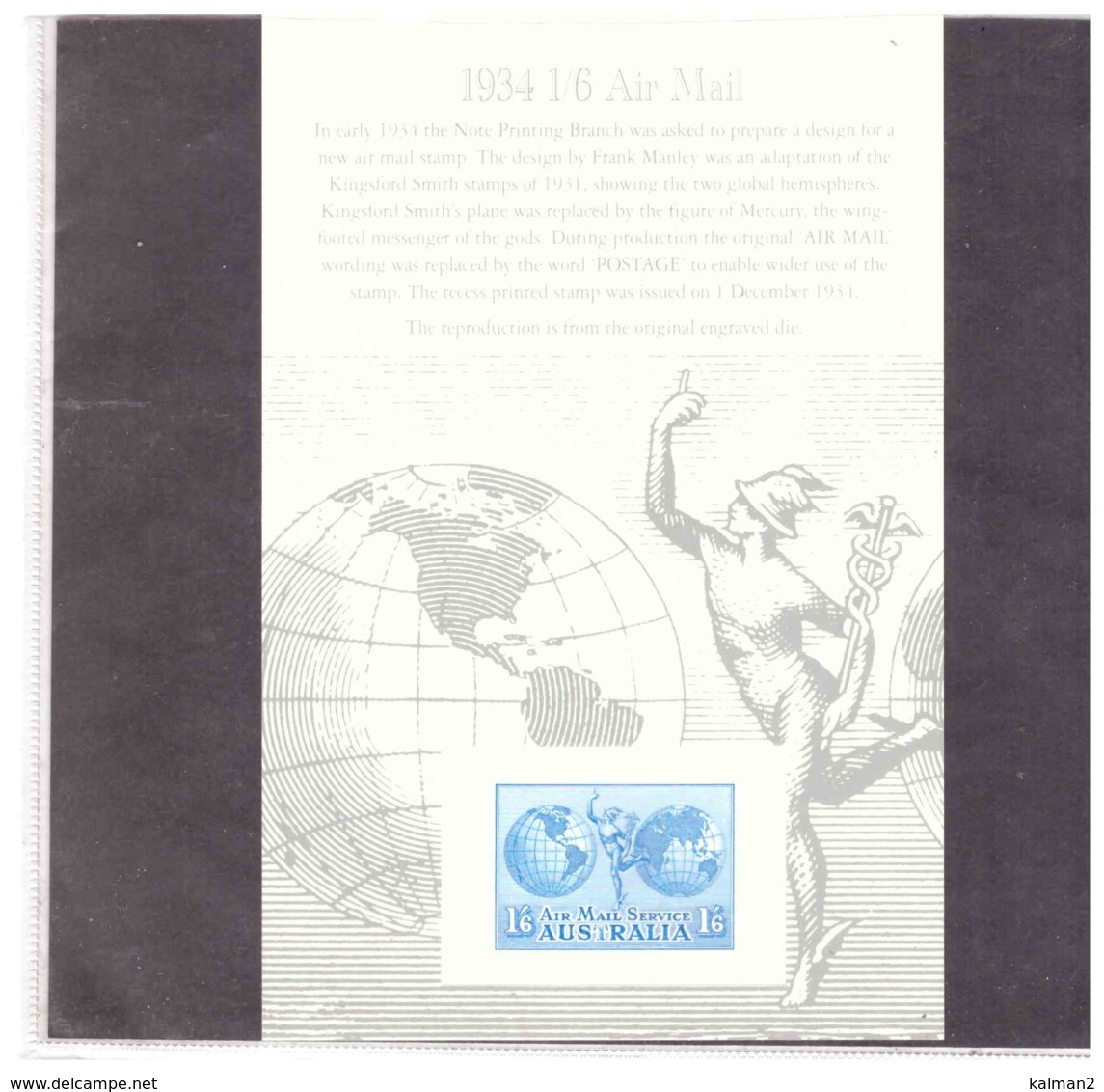 STAMP REPLICA CARD NO. 33 - 18.11.1994   /   1934   1/6d  HERMES AIRMAIL - Ensayos & Reimpresiones