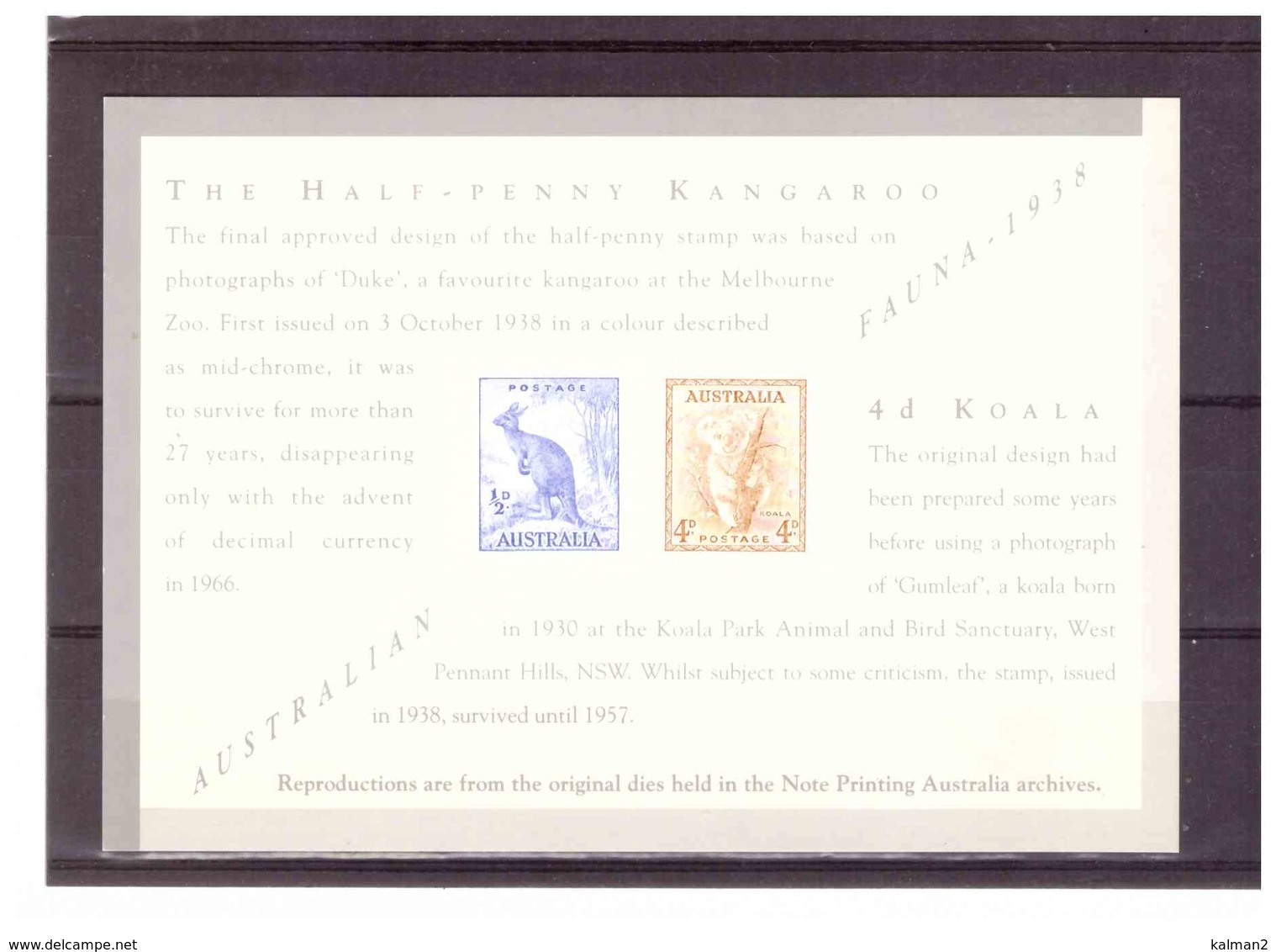 STAMP REPLICA CARD NO. 31 -  12.5.1994    /    1938  KOALAS & KANGAROOS - Prove & Ristampe