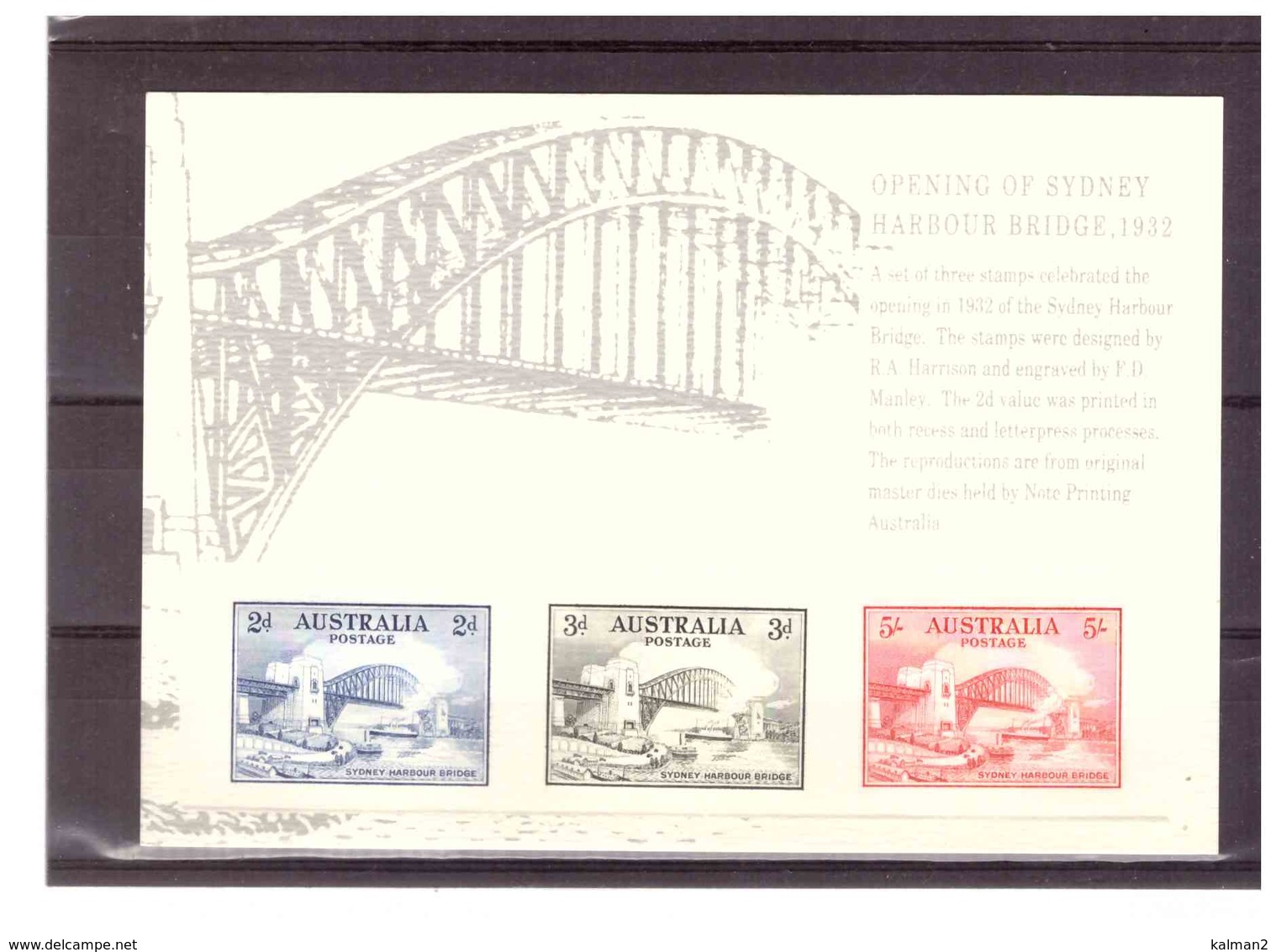 STAMP REPLICA CARD NO. 23 -  19.2.1992    /    1932   OPENING OF SYDNEY HARBOUR BRIDGE - Probe- Und Nachdrucke