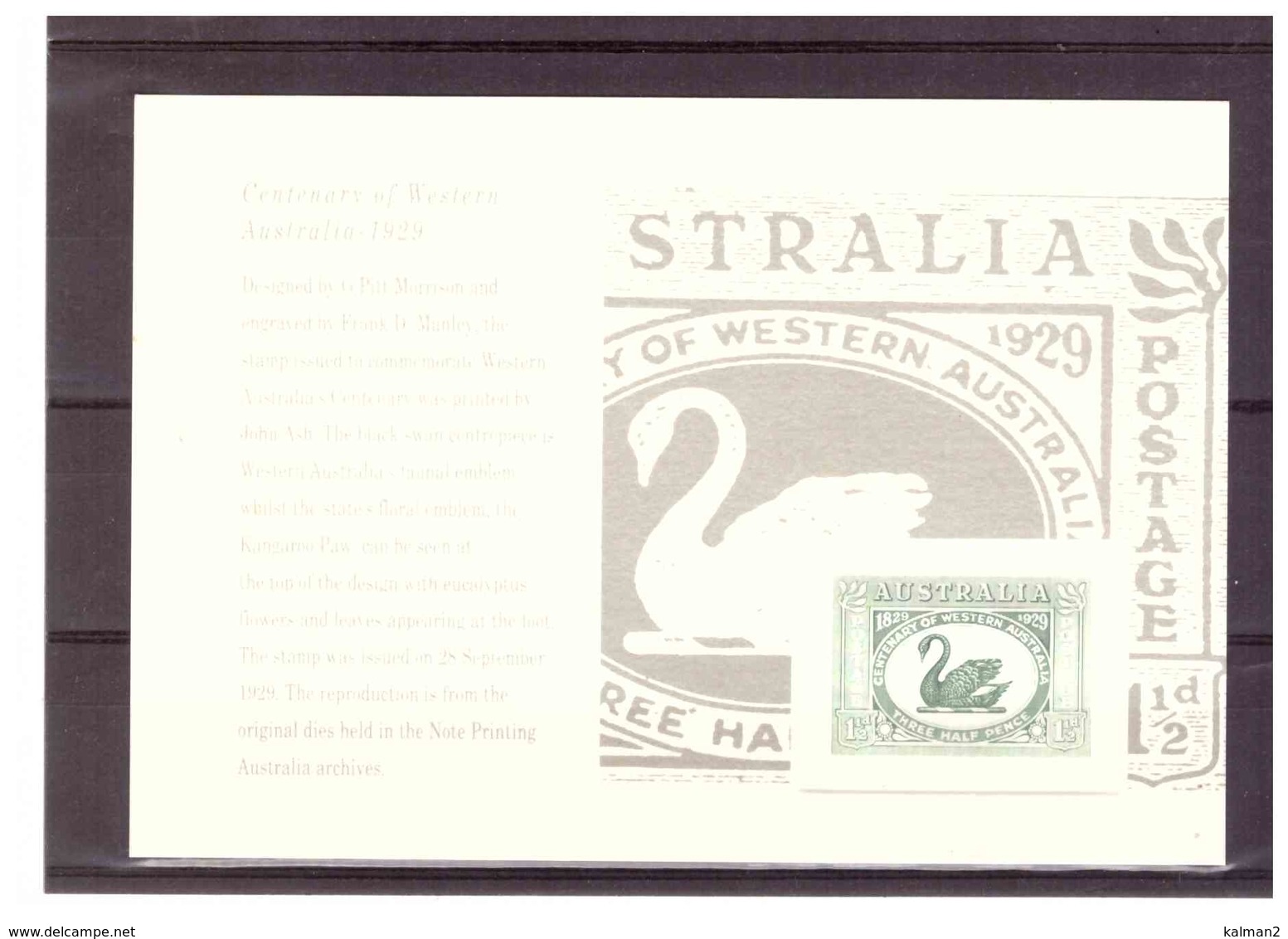 STAMP REPLICA CARD NO. 28 -  1.7.1993    /    1929   1 1/2d  W.A.SWAN - Essais & Réimpressions