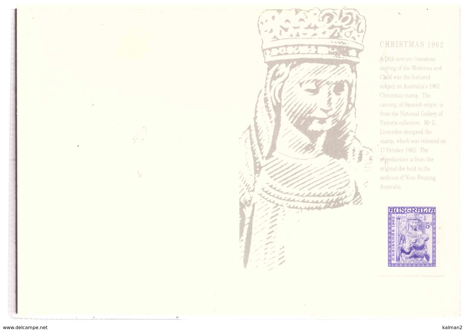 STAMP REPLICA CARD NO. 22 -  1.11.1992    /    1962   5d  CHRISTMAS - Proofs & Reprints