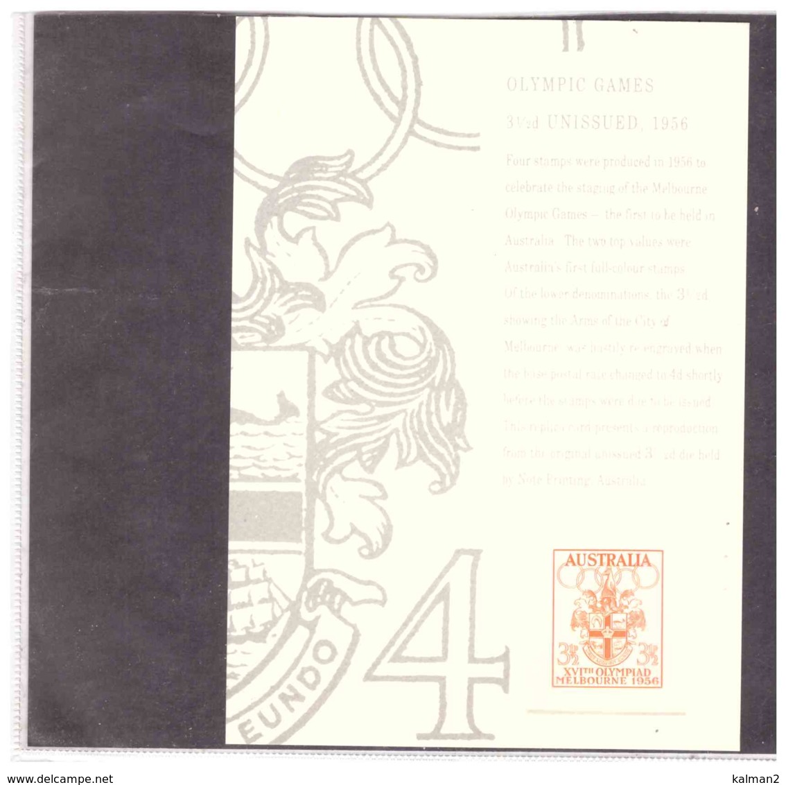 STAMP REPLICA CARD NO. 24 -  2.7.1992    /   1956   3 1/2d  MELBOURNE OLYMPICS - Proofs & Reprints