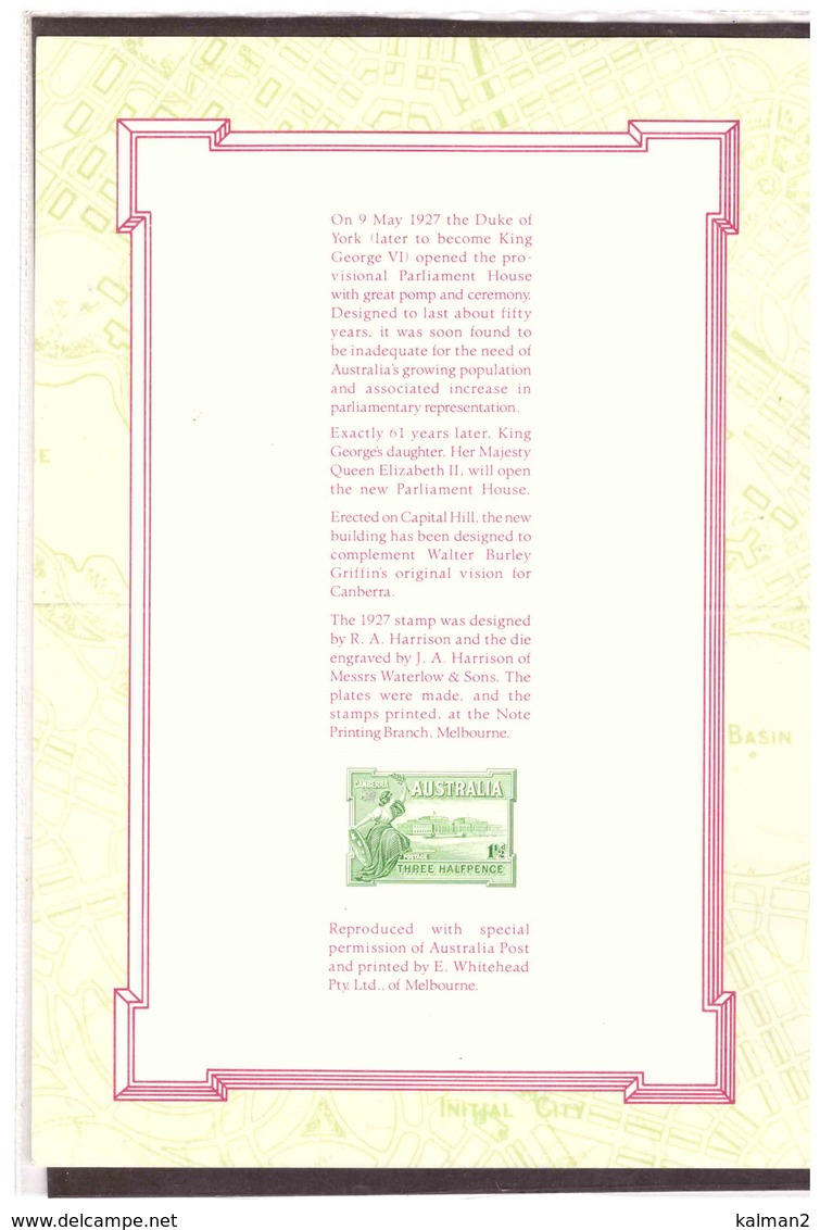 STAMP REPLICA CARD NO. 12 -  9.5.1988     /   1927   1 1/2d OPENING OH PARLIAMENT CANBERRA - Essais & Réimpressions