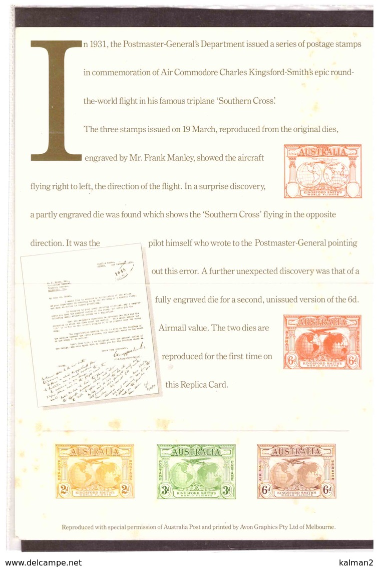 STAMP REPLICA CARD NO. 11 -  1.2.1988    /   1931   SIR CHARLES KINGSFORD  SMITH - Probe- Und Nachdrucke