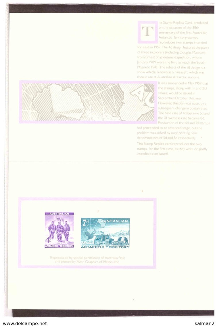 STAMP REPLICA CARD NO. 8 -  20.3.1987    /   1959  UNISSUED 4d & 7d OF AUSTRALIAN ANTARTIC TERRUTORY - Ensayos & Reimpresiones