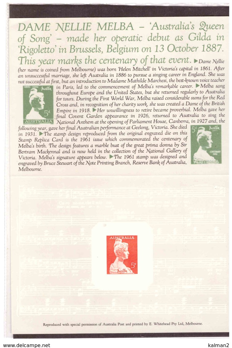 STAMP REPLICA CARD NO. 9 - 1.7.1987    /   1961   5d DAME NELLIE MELBA - Proofs & Reprints