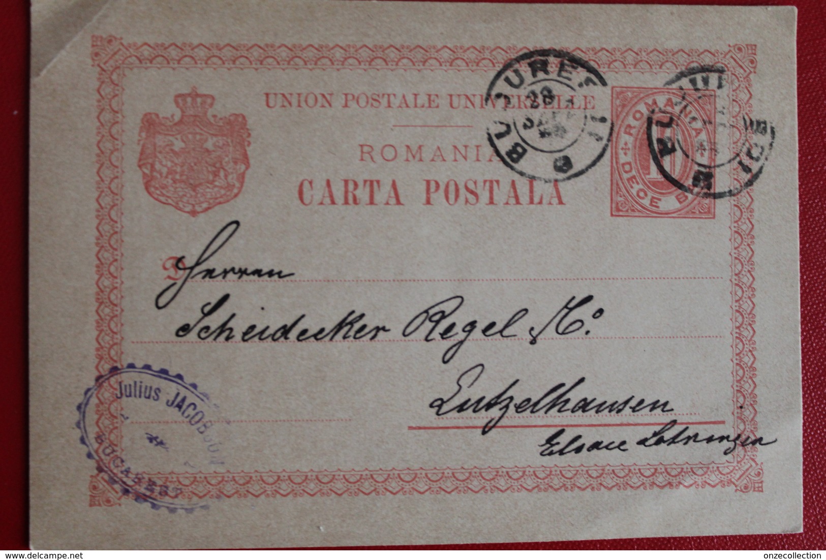 1894     ENTIER  CARTE   POSTALE  DE  10  BANI  ROUGE      PARTIE  DE  BUCAREST   POUR  LUTZELHAUSEN  ALSACE  OCCUPEE - Lettres & Documents