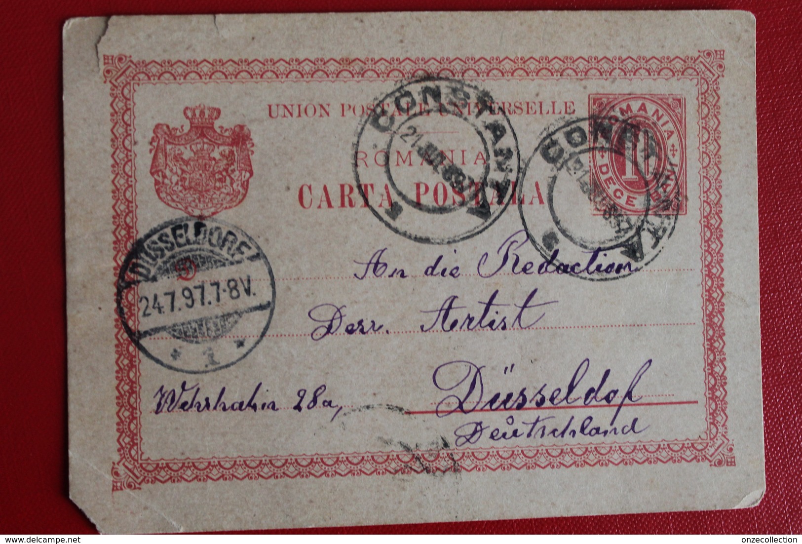 1897     ENTIER  CARTE   POSTALE  DE  10  BANI  ROUGE      PARTIE  DE  CONSTANTA   POUR  DUSSELDORF  ALLEMAGNE - Covers & Documents