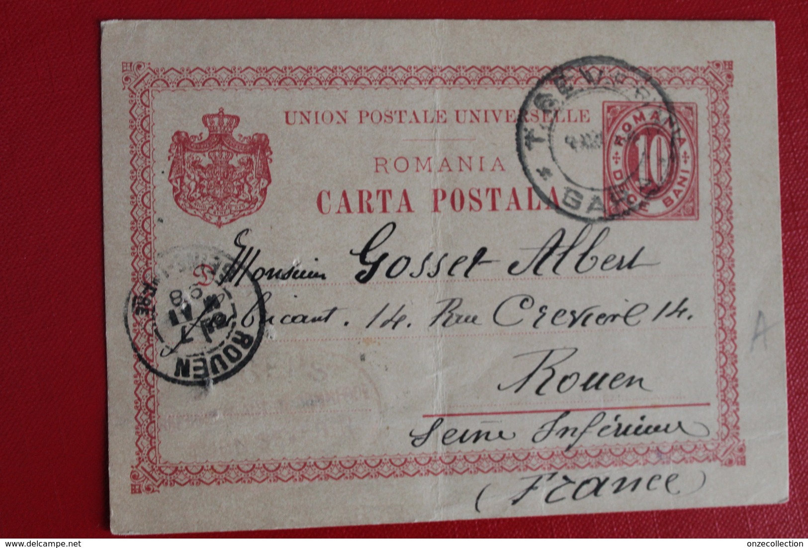 1898     ENTIER  CARTE   POSTALE  DE  10  BANI  ROUGE      PARTIE  DE  T....   SEVERIN  POUR  ROUEN    FRANCE - Lettres & Documents