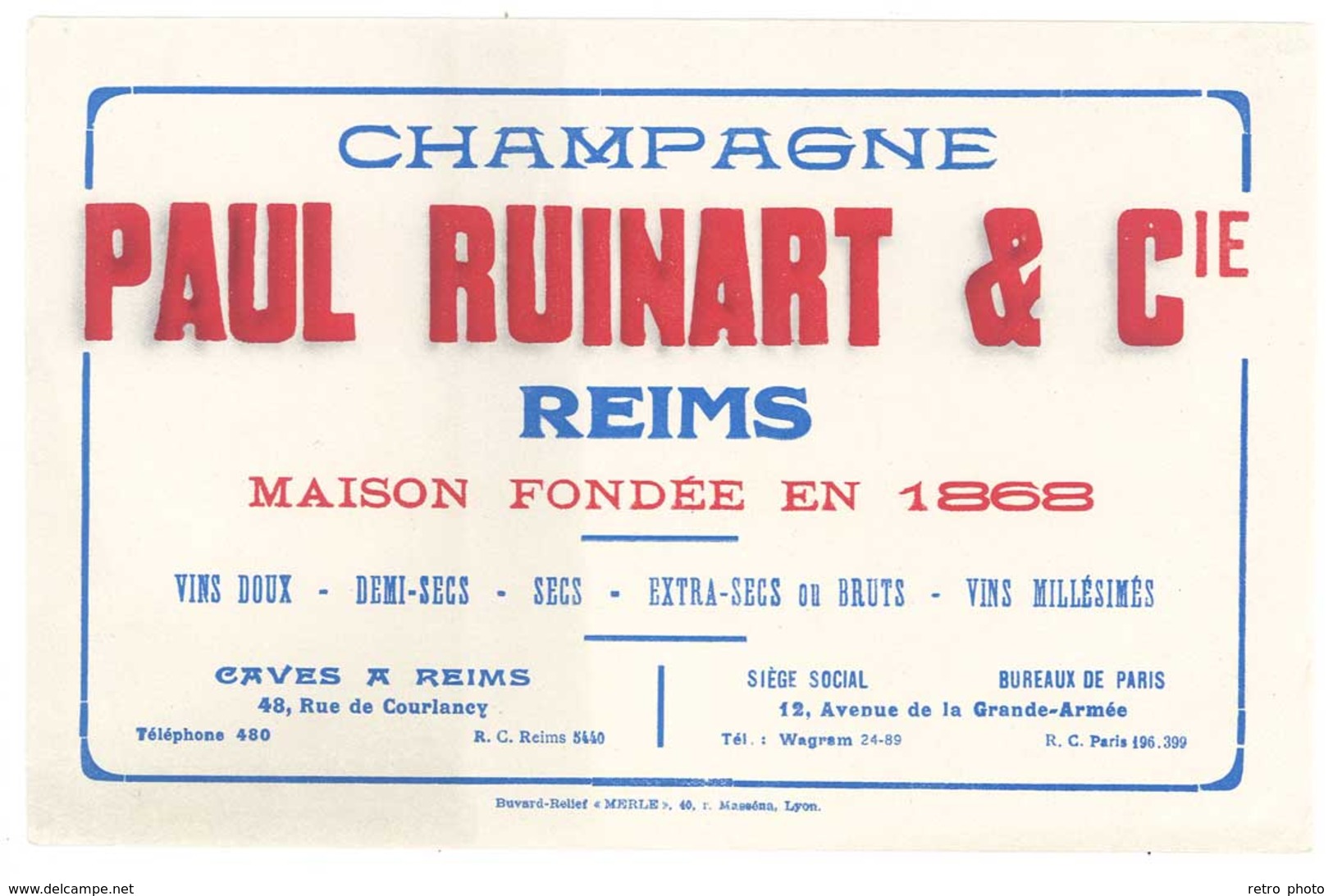 Buvard Champagne Paul Ruinart & Cie , Reims - R