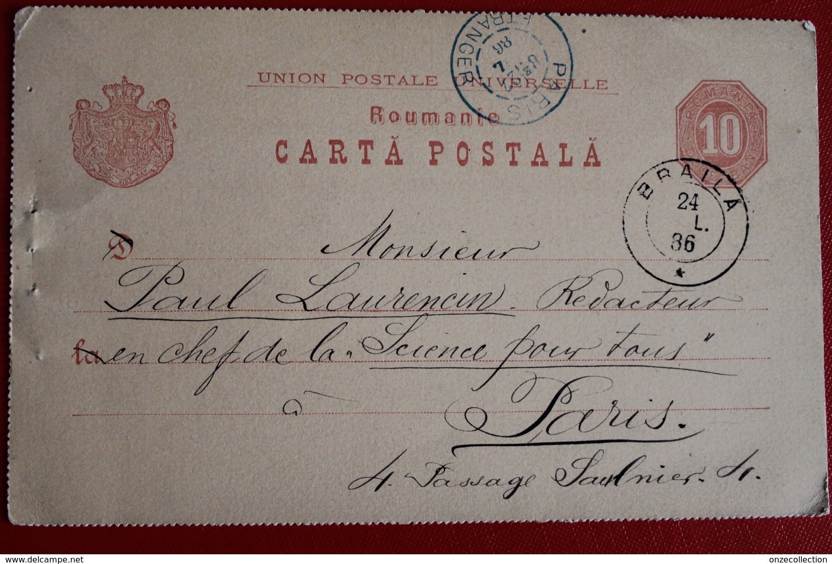 1886     ENTIER  CARTE   POSTALE  DE  10  BANI  ROUGE      PARTIE  DE  BRAILA      POUR       PARIS - Lettres & Documents