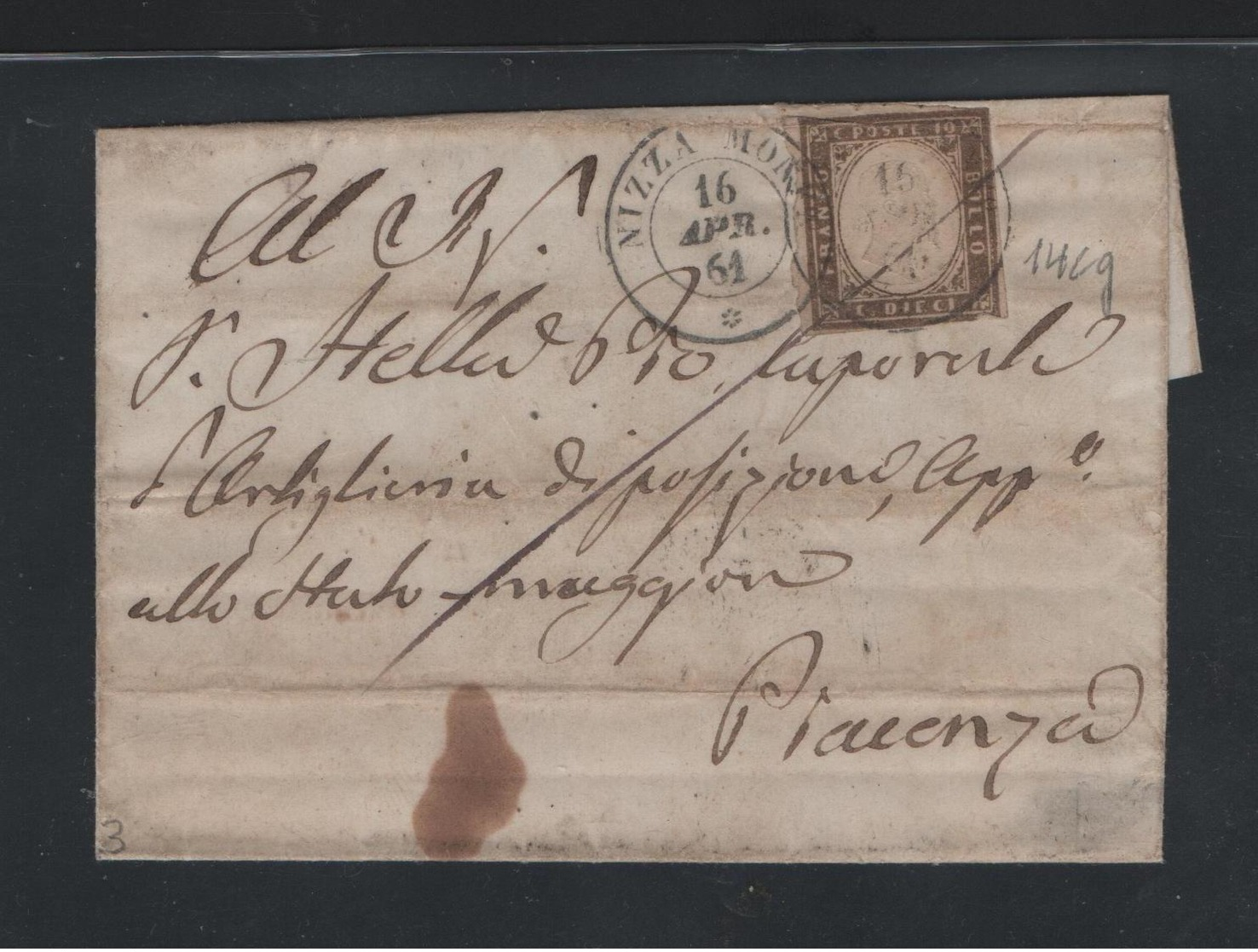 IV: 10 Cent Brunogrigioolivastro;1861 Lettera A Militare Nizza Monferr.-Piacenza (€ 647,50) - Sardinia