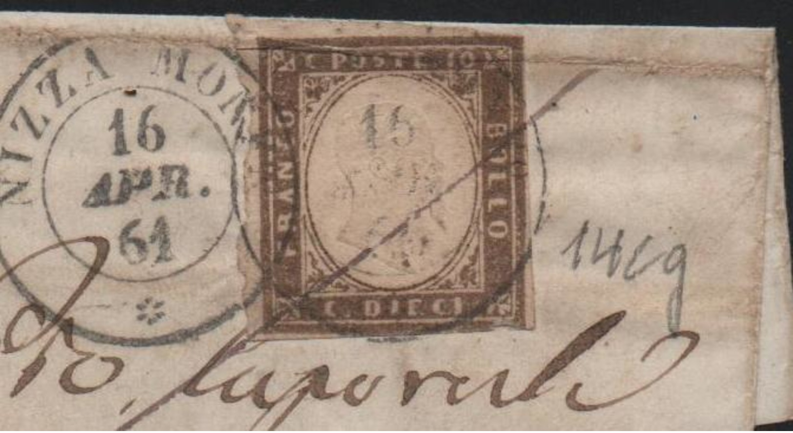 IV: 10 Cent Brunogrigioolivastro;1861 Lettera A Militare Nizza Monferr.-Piacenza (€ 647,50) - Sardegna