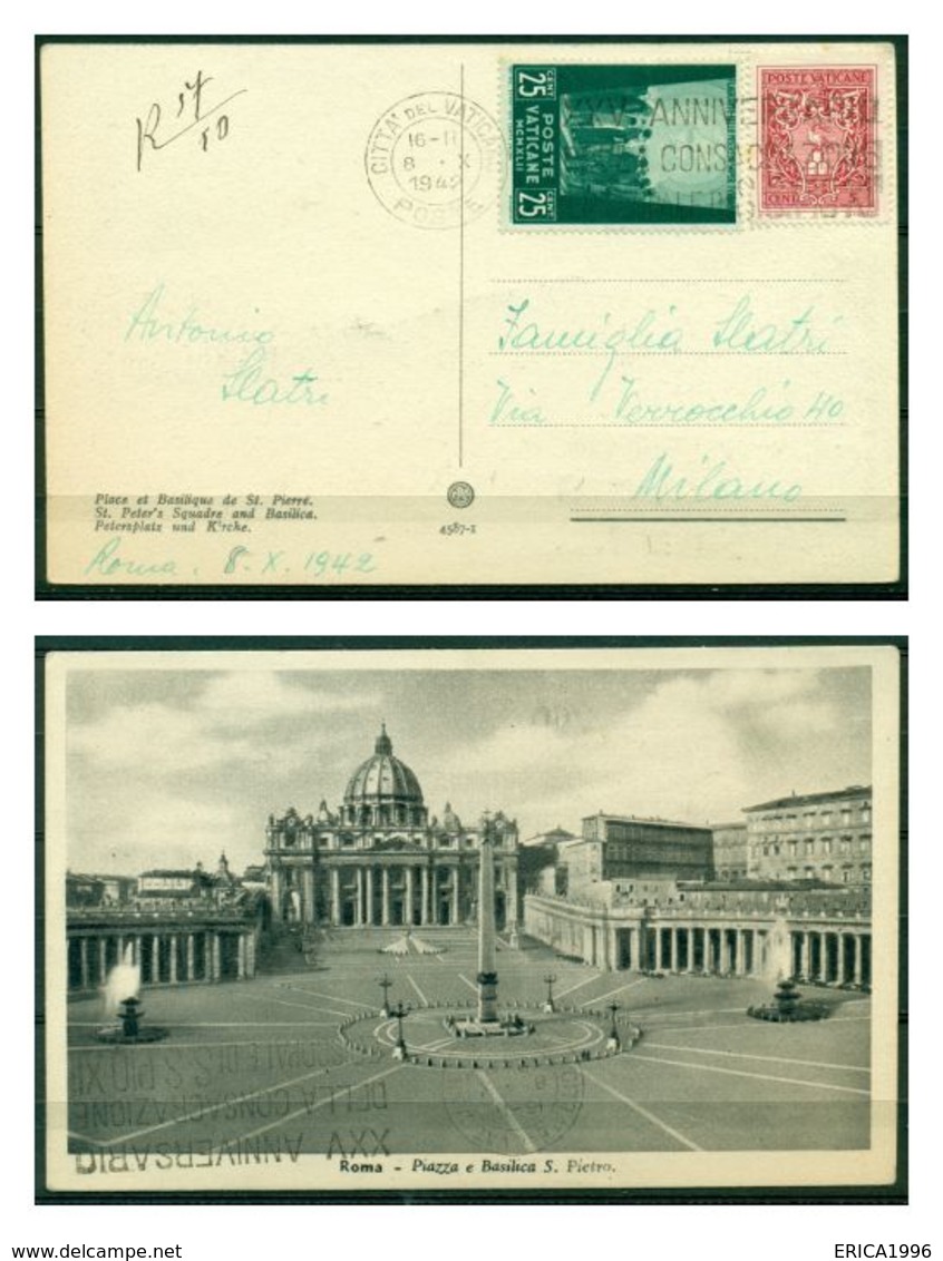 V7770 CITTÀ DEL VATICANO 1942 Cartolina Illustrata Con Pro Prigionieri 25 C. + Stemma 5 C., Da Città Del Vaticano 8.X.42 - Storia Postale