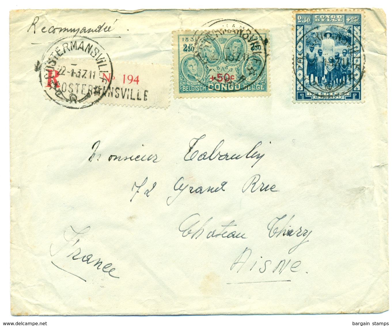 Congo Belge COB193 Et COB196 Sur Recommandé De Costermansville (Bukavu) Vers Château-Thiery (France  Aisne) - 1937 - Lettres & Documents