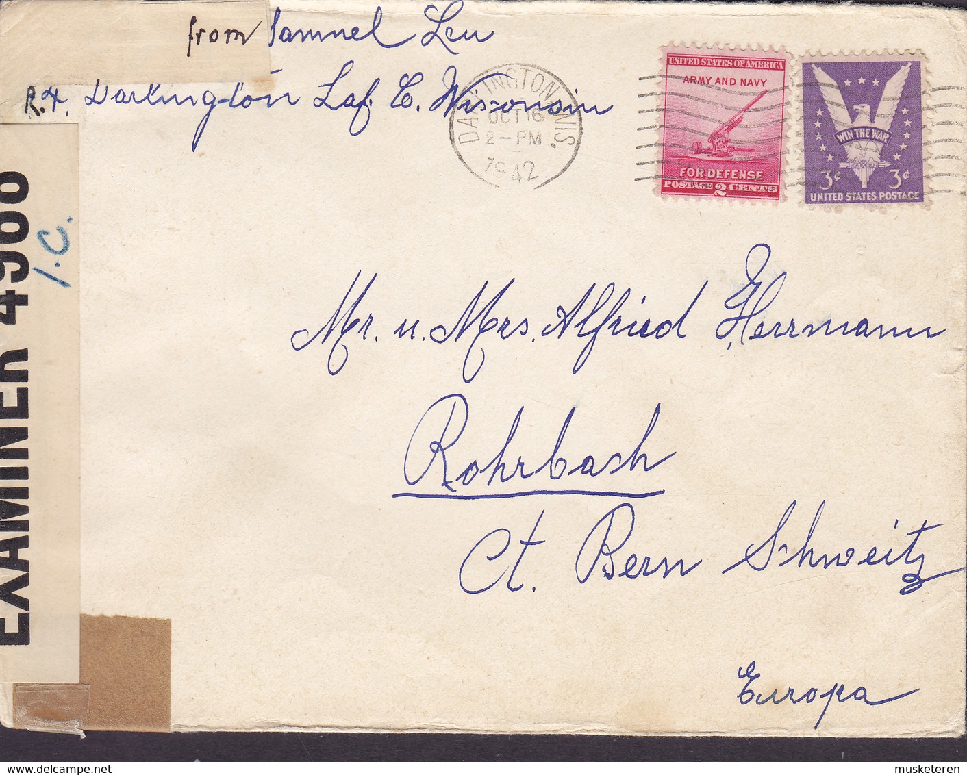 United States DARLINGTON Wis. 1942 Cover Brief ROHRBACH Bern Schweiz P.C. 90 OPENED BY EXAMINER Censor Label - Briefe U. Dokumente
