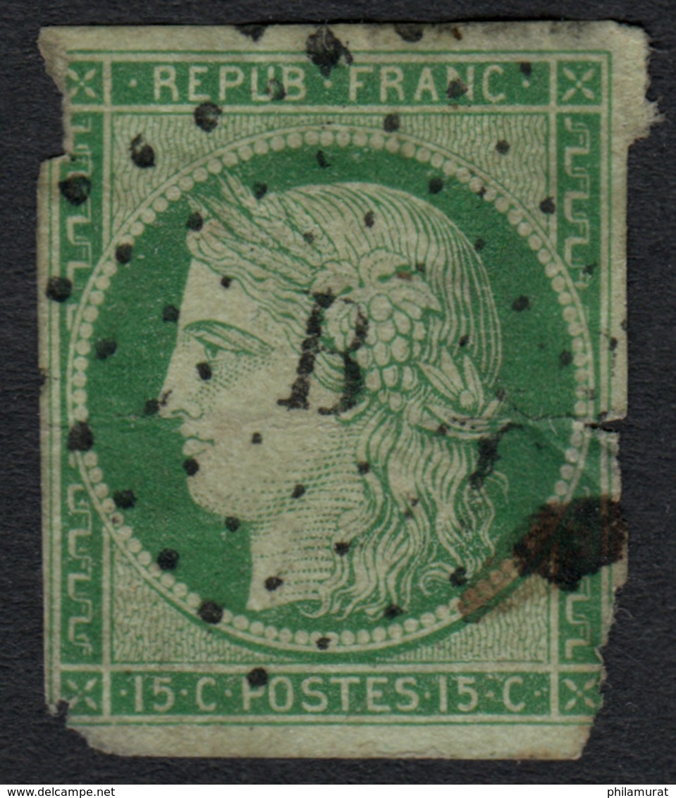 N°2, Cérès 1849, 15c Vert, Oblitéré Bureau De Paris B - Défectueux  COTE 1050 € - 1849-1850 Ceres