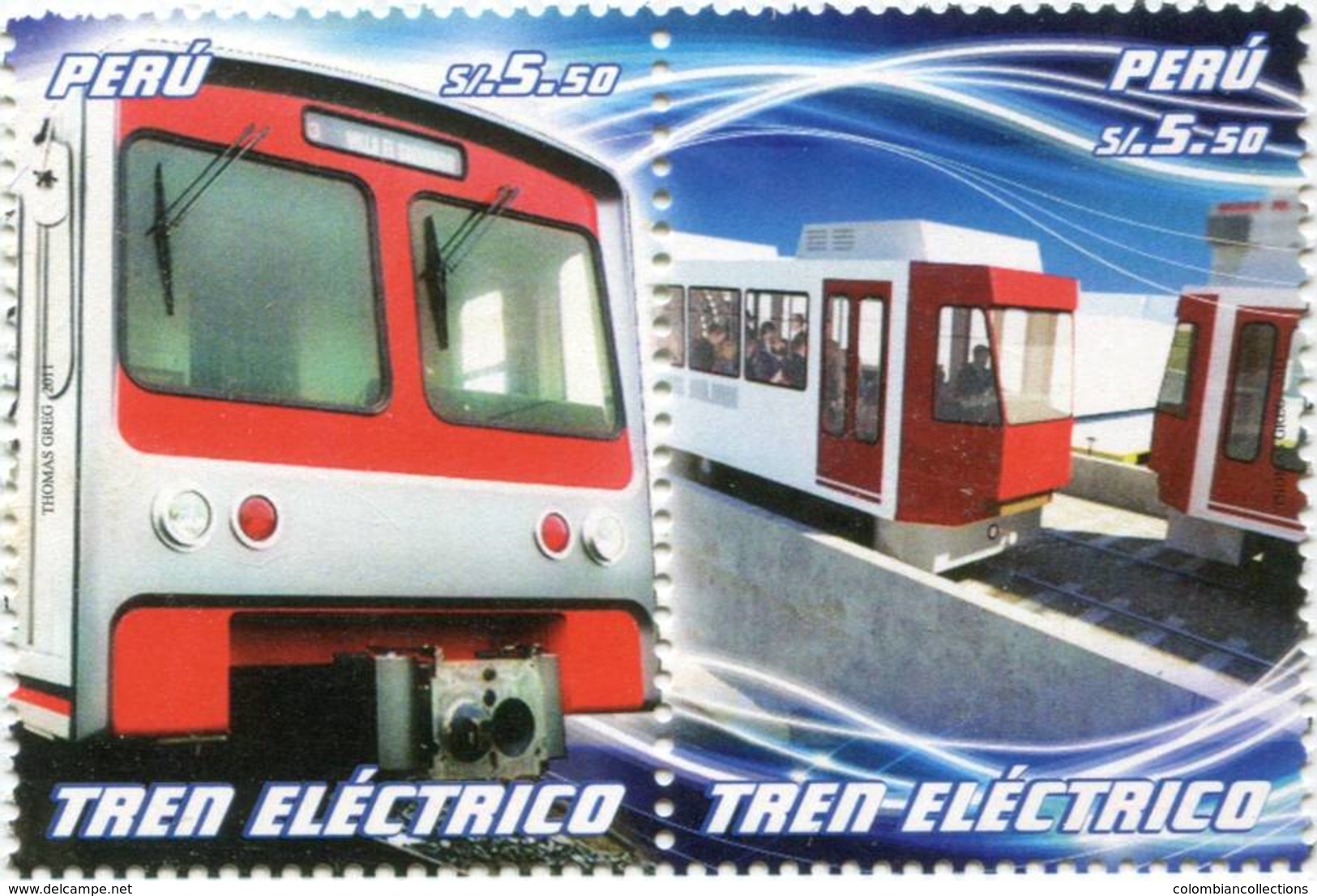 Lote P2011-9, Peru, 2011, Sello, Stamp, 2, V, Bus Y Tren Electico, Bus And Electric Train - Perú