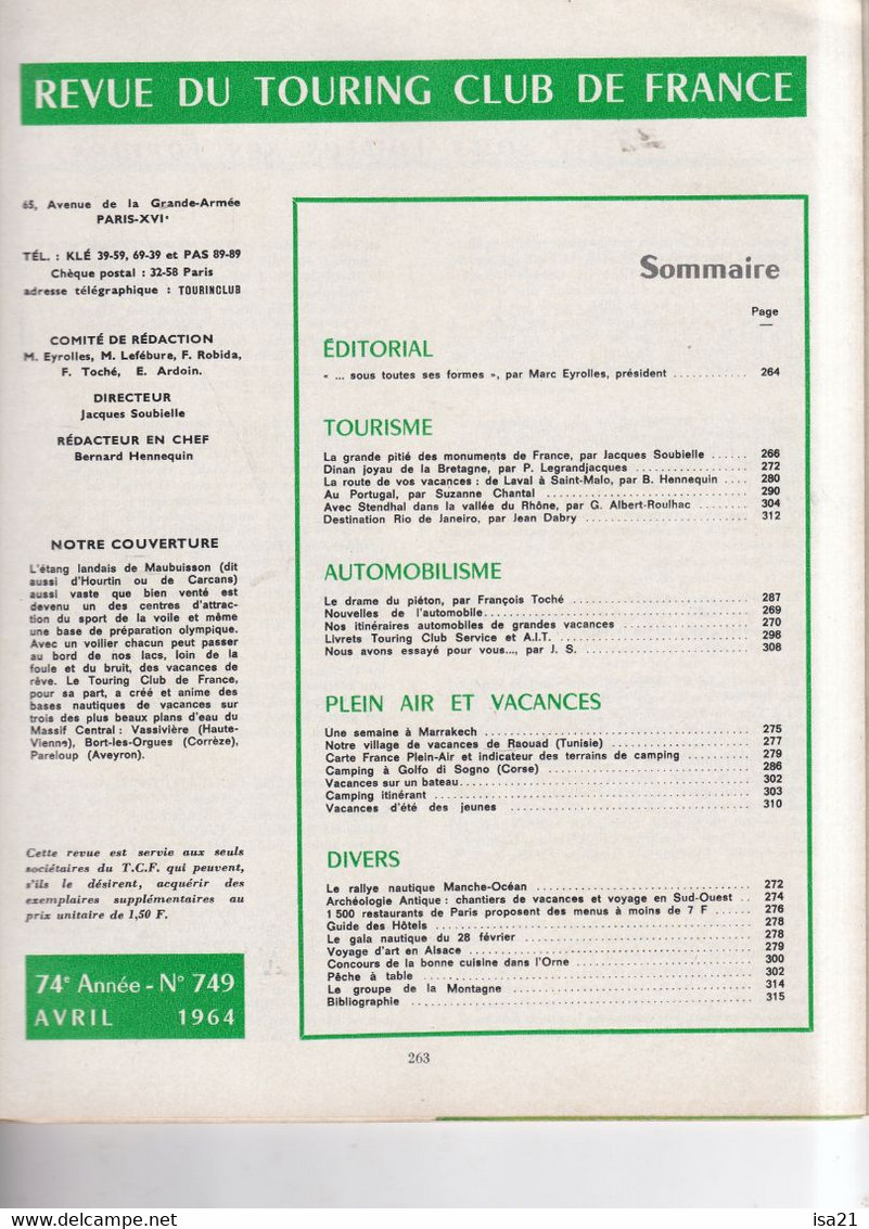 La Revue Du Touring Club 1964 Avril: Régate Maubuisson Gironde, Dinan, De Laval à St Malo, Le Sommaire Est Scanné - Tourisme & Régions