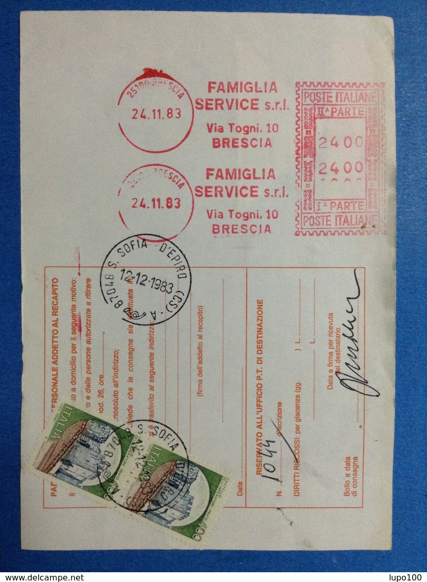 1983 AFFRANCATURA MECCANICA ROSSA EMA RED SU BOLLETTINO PACCHI FAMIGLIA SERVICE SRL BRESCIA - Macchine Per Obliterare (EMA)