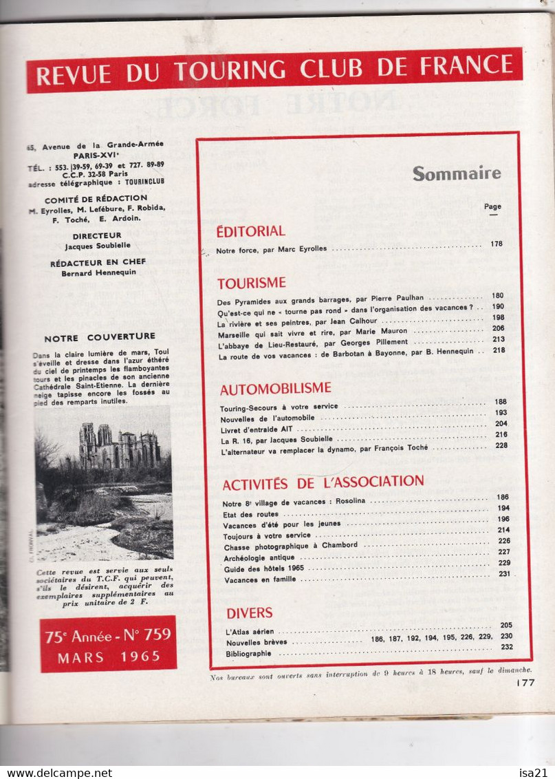 La Revue Du Touring Club 1965 Mars, La Rivière Et Les Peintres, TOUL, Marseille Qui Sait Vivre, Le Sommaire Est Scanné - Tourisme & Régions