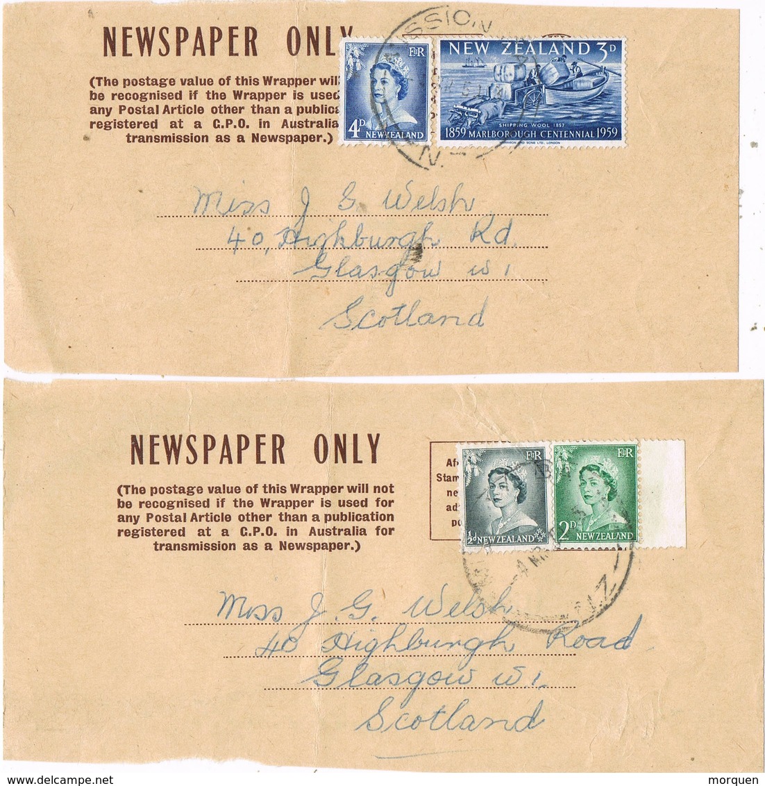 31951. Dos Frontales Newpapers MISSION BAY (New Zealand) 1959 - Cartas & Documentos