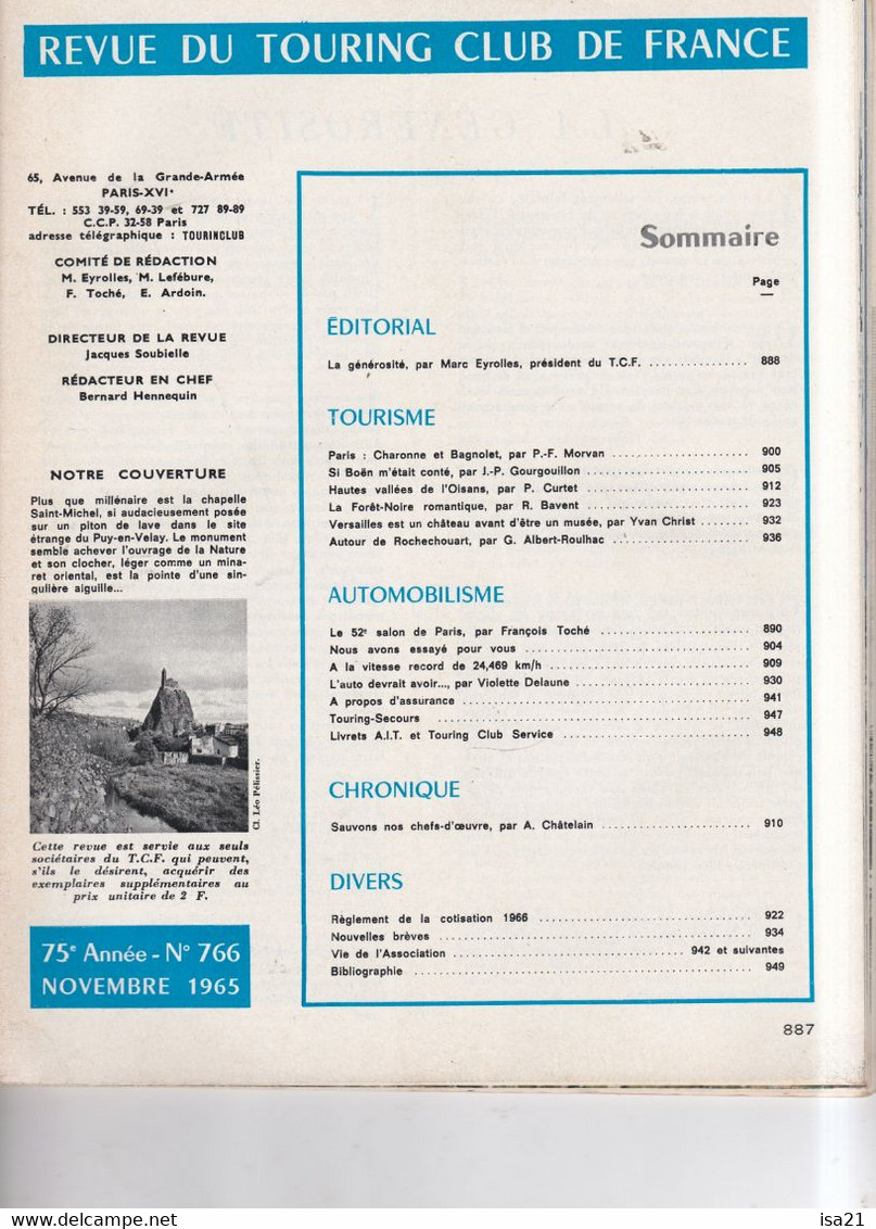 La Revue Du Touring Club 1965 Novembre: Paris Charonne Et Bagnolet, Boën, L'OISANS, Forêt Noire, Sommaire Scanné. - Tourisme & Régions