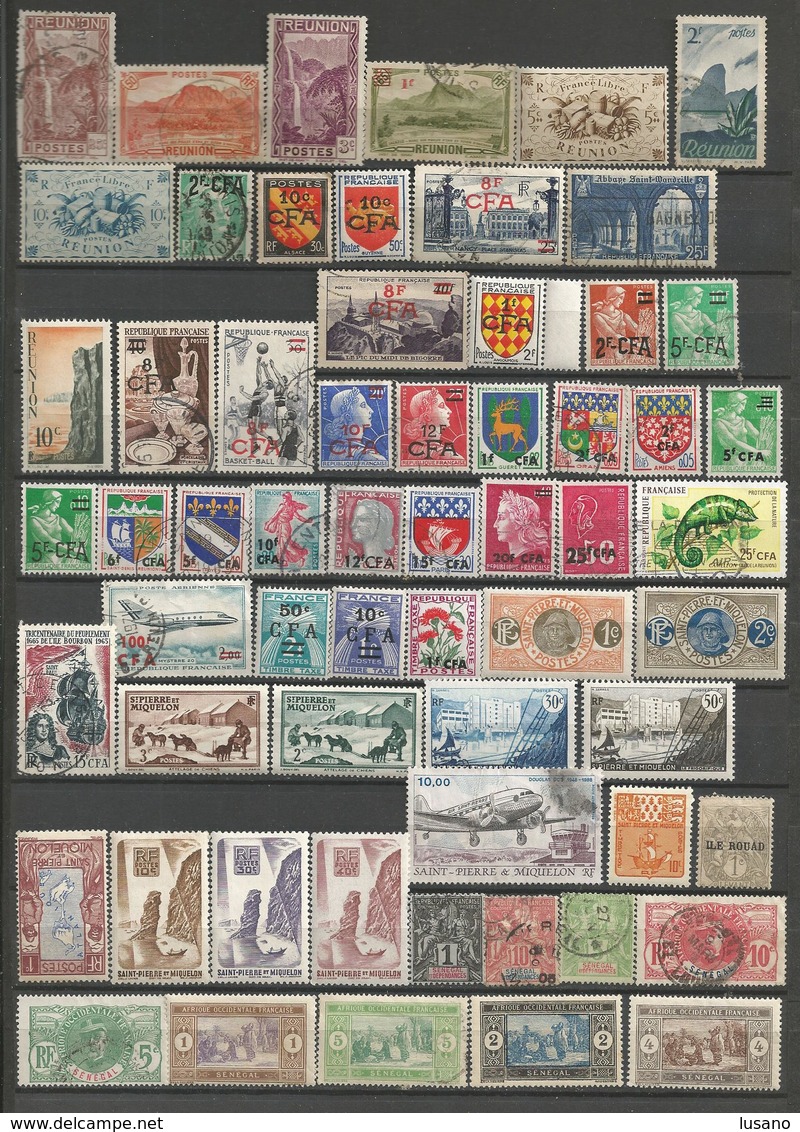 Colonies françaises - Lot de 670 timbres oblitérés ou neufs (**, * ou sans gomme) avec Polynésie et Réunion