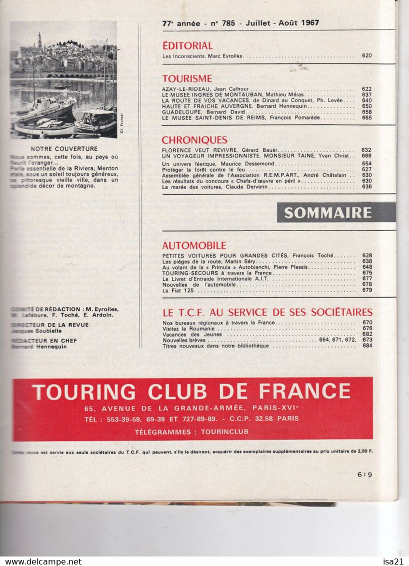 La Revue Du Touring Club 1967 Juillet-Août, Menton, Azay-le-Rideau, Montauban, Dinard Au Conquet, Le Sommaire Est Scanné - Toerisme En Regio's