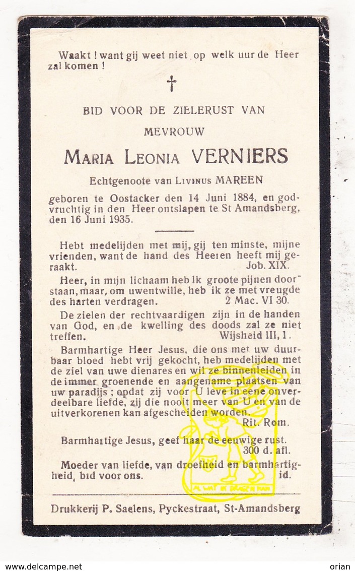 DP Maria L. Verniers ° Oostakker 1884 † Sint-Amandsberg 1935 X L. Mareen / Gent - Andachtsbilder